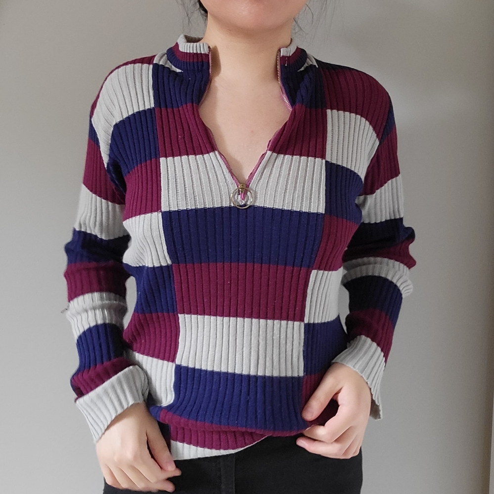 vintage lightweight square patchwork sweater quarter zip mock neck size xs small